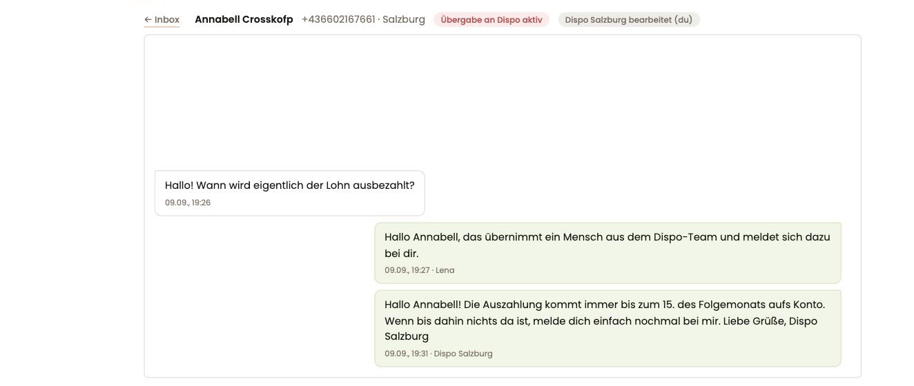 Chat nach Übernahme: Antwort der Dispatcherin mit Namen